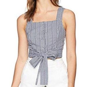 Cropped Gingham Tie Front Top Navy